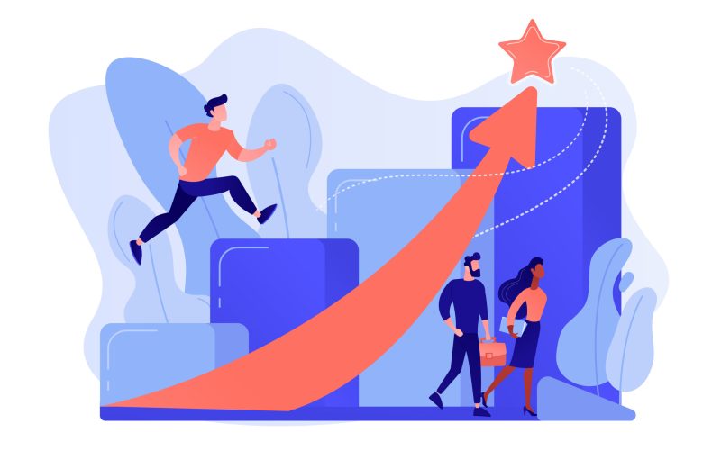 Successful businessman running up the career stairs and rising arrow to a star. Career growth, careerbuilder, career development concept. Pinkish coral bluevector isolated illustration